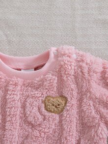 SHEIN 新生兒秋冬甜美可愛熊圖案長袖衛衣配長褲粉色2件套，柔軟面料，簡約舒適，適合室內外穿著 - 粉色 - 查看 5