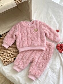 SHEIN 新生兒秋冬甜美可愛熊圖案長袖衛衣配長褲粉色2件套，柔軟面料，簡約舒適，適合室內外穿著 - 粉色 - 查看 4