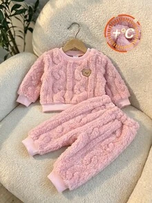 SHEIN 新生兒秋冬甜美可愛熊圖案長袖衛衣配長褲粉色2件套，柔軟面料，簡約舒適，適合室內外穿著 - 粉色 - 查看 3