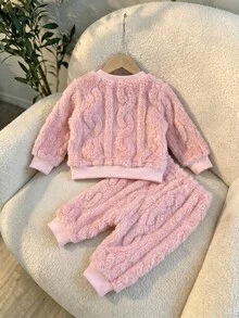 SHEIN 新生兒秋冬甜美可愛熊圖案長袖衛衣配長褲粉色2件套，柔軟面料，簡約舒適，適合室內外穿著 - 粉色 - 查看 2