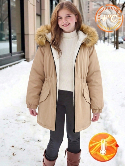 SHEIN Chaqueta parka con capucha forrada térmicamente en color caqui claro casual para niña preadolescente, otoño/invierno vuelta al colegio