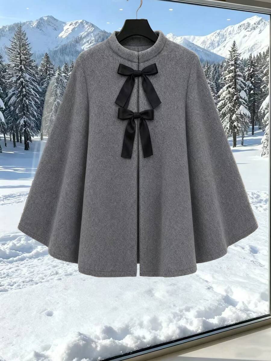SHEIN LUNE ElenzgaPlus‑Size Women's Elegant Grey Fall‑Winter Formal Dinner & Wedding EveningGown FrenchRetro Color‑Block Bow Cape Coat Festival Outfits For Women - Grey - View 1