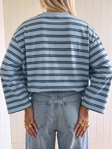 SHEIN EZwear 海外長袖淺藍色與深藍色拼接條紋上衣，秋季上衣，適合日常通勤、派對、秋冬春夏、聖誕節、新年、感恩節、派對、婚禮、海灘、畢業典禮、優雅、外出、約會、通勤、情人節、優雅、度假、Y2K、畢業典禮等場合 - 彩色 - 查看 2