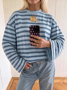 SHEIN EZwear 海外長袖淺藍色與深藍色拼接條紋上衣，秋季上衣，適合日常通勤、派對、秋冬春夏、聖誕節、新年、感恩節、派對、婚禮、海灘、畢業典禮、優雅、外出、約會、通勤、情人節、優雅、度假、Y2K、畢業典禮等場合 - 彩色 - 查看 4