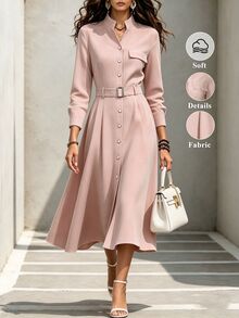 Penseblé Mantel Trench Berikat dengan Kancing Depan Polos untuk Kantor Musim Gugur yang Elegan - Berwarna merah muda - View 5
