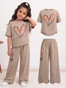 SHEIN Young Girl Spring/Summer Cute Casual Minimalist Letter Print Loose Short Sleeve T-Shirt + Pants 2 Pieces Set - Khaki - View 1