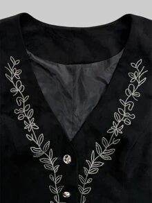 INAWLY Women's Fashion Casual Vintage Versatile Floral Embroidery Single-Breasted Vest - Black - View 6