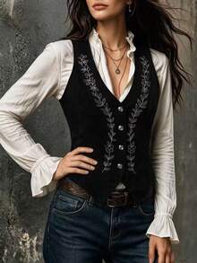 INAWLY Women's Fashion Casual Vintage Versatile Floral Embroidery Single-Breasted Vest - Black - View 5
