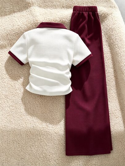 SHEIN 2pcs Tween Girl Set, Lapel Half-Button Short Sleeve T-Shirt Top With Bow Pattern, Loose Wide Leg Long Pants, School Sport White Burgundy Summer 80s