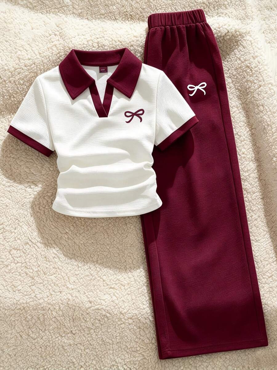 SHEIN Sparklyn 2件組青少年女孩套裝，領口半鈕扣短袖T恤上衣配蝴蝶結圖案，寬鬆寬腿長褲，2件套 - 彩色 - 查看 1
