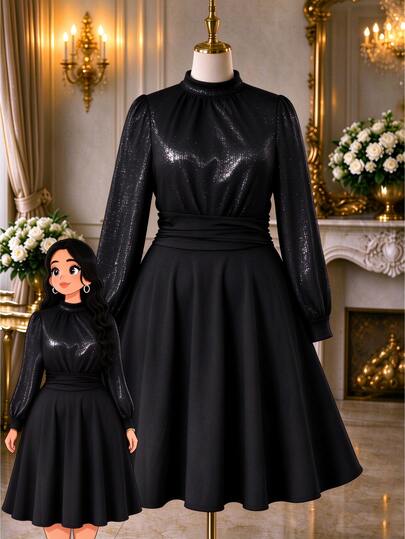 Rometta Plus Size Stand Collar Criss-Cross Tie Luxury High-Gloss Rhinestone Patchwork Black Long Sleeve Short Dress Dinner Formal Elegant