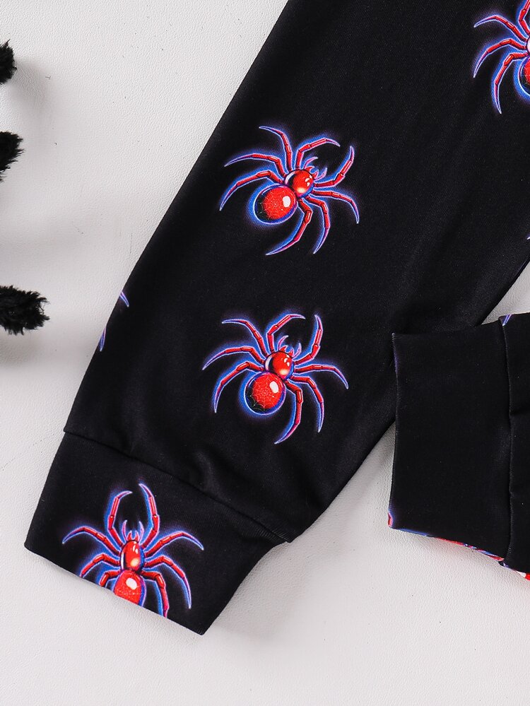 SHEIN Set Piyama Rumahan Anak Laki-Laki Usia 10-12 Tahun Motif Laba-laba Kerah Bulat Lengan Panjang Celana Panjang Kasual Nyaman Potongan Ramping 2 Potong - Hitam - View 7