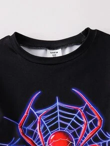 SHEIN 青少年男孩蜘蛛圖案圓領長袖褲子休閒舒適修身居家睡衣套裝 2件組 - 黑色 - 查看 4
