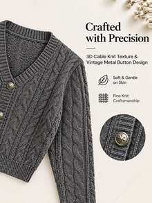 SHEIN Women's Cable Knit Cropped Single-Breasted Cardigan - Grey - View 3