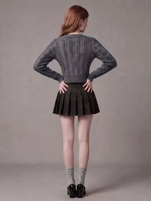 SHEIN Women's Cable Knit Cropped Single-Breasted Cardigan - Grey - View 4