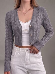 SHEIN Women's Cable Knit Cropped Single-Breasted Cardigan - Grey - View 5