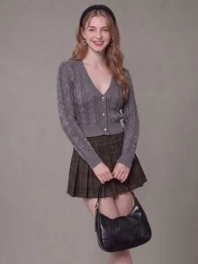 SHEIN Women's Cable Knit Cropped Single-Breasted Cardigan - Grey - View 2