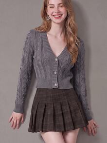 SHEIN Women's Cable Knit Cropped Single-Breasted Cardigan - Grey - View 1