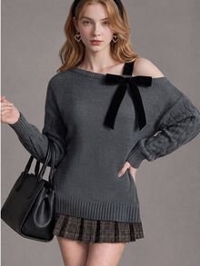 SHEIN Fashion Women's Bow Decor Cold Shoulder Sweater - Grey - View 1