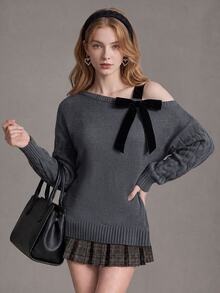 SHEIN Fashion Women's Bow Decor Cold Shoulder Sweater - Grey - View 8