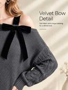SHEIN Fashion Women's Bow Decor Cold Shoulder Sweater - Grey - View 2