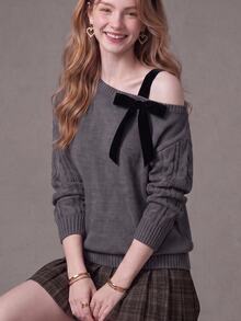 SHEIN Fashion Women's Bow Decor Cold Shoulder Sweater - Grey - View 7