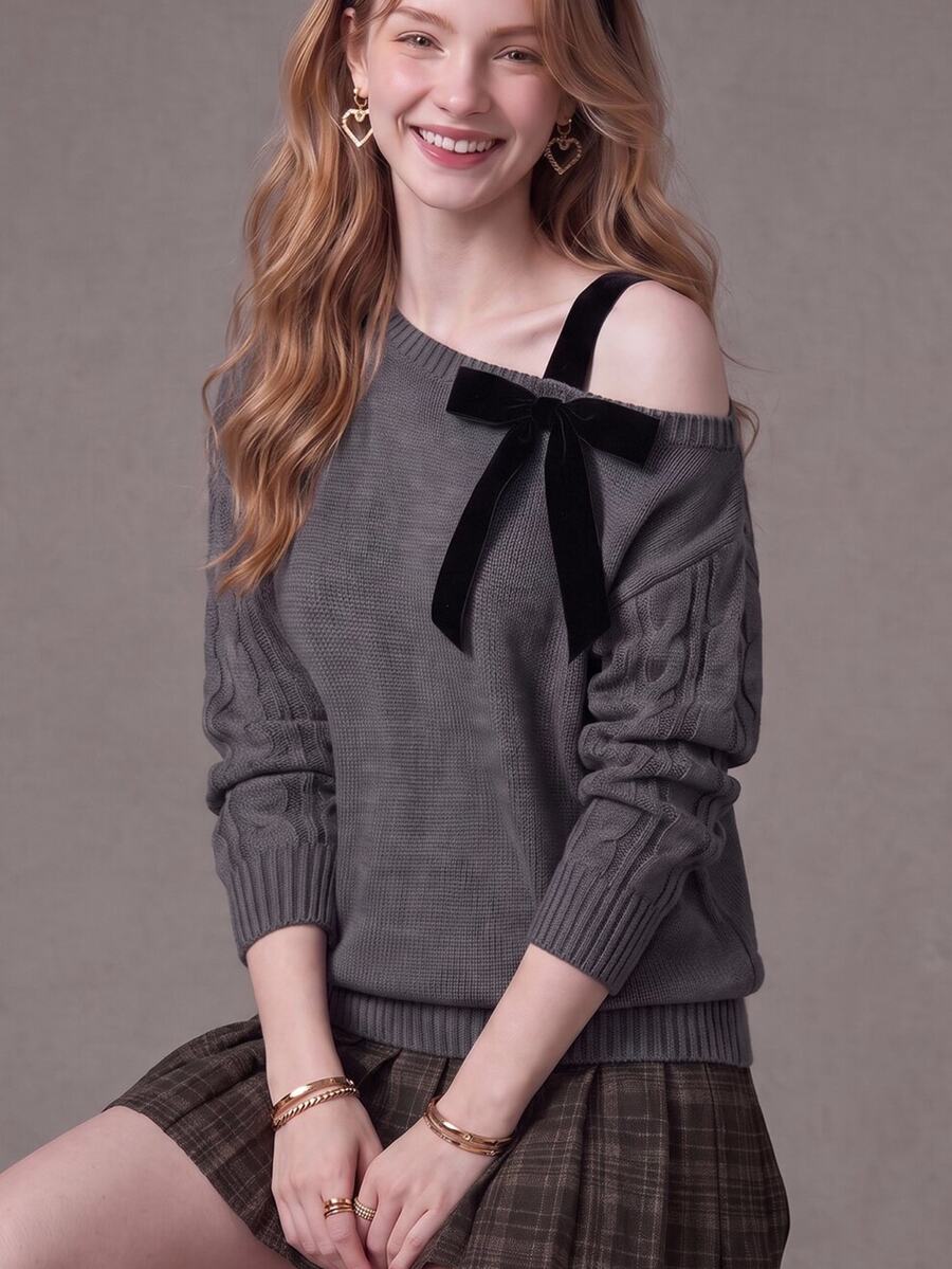 SHEIN Fashion Women's Bow Decor Cold Shoulder Sweater - Grey - View 1