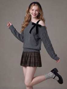SHEIN Fashion Women's Bow Decor Cold Shoulder Sweater - Grey - View 3