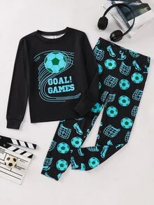 SHEIN Tween Boy Fluorescent Soccer Pattern Crew Neck Long Sleeve Pants Casual Comfortable Slim Fit Home Sleepwear Set 2pcs - Black - View 3