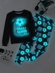 SHEIN Tween Boy Fluorescent Soccer Pattern Crew Neck Long Sleeve Pants Casual Comfortable Slim Fit Home Sleepwear Set 2pcs - Black - View 1
