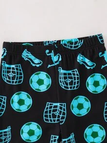 SHEIN Tween Boy Fluorescent Soccer Pattern Crew Neck Long Sleeve Pants Casual Comfortable Slim Fit Home Sleepwear Set 2pcs - Black - View 7