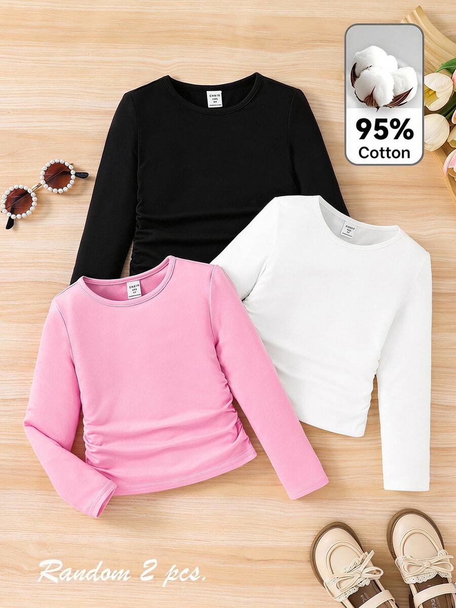 SHEIN Young Girl Young Girl Random 2 Pcs Young Girl 2pcs Knit Solid Color Round Neck Ruched Casual T-Autumn Winter Shirt Set - Multicolor - View 1