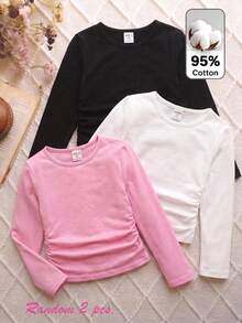 SHEIN Young Girl Young Girl Random 2 Pcs Young Girl 2pcs Knit Solid Color Round Neck Ruched Casual T-Autumn Winter Shirt Set - Multicolor - View 3