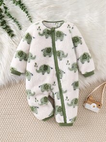 SHEIN 新生兒男嬰女嬰可愛休閒卡通大象圖案毛茸茸連帽連身衣居家服中性嬰兒服飾，適合秋冬、萬聖節、聖誕節、新年 - 綠色 - 查看 6