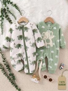 SHEIN 新生兒男嬰女嬰可愛休閒卡通大象圖案毛茸茸連帽連身衣居家服中性嬰兒服飾，適合秋冬、萬聖節、聖誕節、新年 - 綠色 - 查看 1