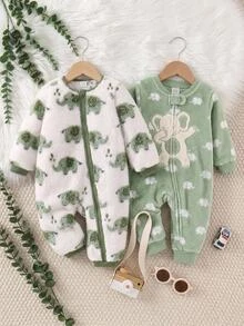 SHEIN 新生兒男嬰女嬰可愛休閒卡通大象圖案毛茸茸連帽連身衣居家服中性嬰兒服飾，適合秋冬、萬聖節、聖誕節、新年 - 綠色 - 查看 9