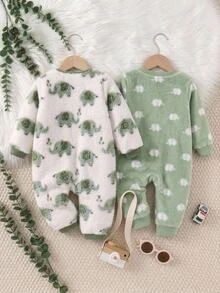 SHEIN 新生兒男嬰女嬰可愛休閒卡通大象圖案毛茸茸連帽連身衣居家服中性嬰兒服飾，適合秋冬、萬聖節、聖誕節、新年 - 綠色 - 查看 2