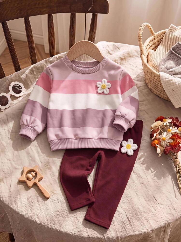 SHEIN Baby Girl Knitted Striped Crew Neck Casual Sweatshirt And Long Pants 2 Pieces Set, Thermal Lined Brushed Thick Fabric, Suitable For Autumn/Winter - Pink - View 1