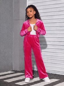 SHEIN Kids Tween Girl Sporty Casual Velvet Hooded Cardigan Set - Hot Pink - View 6