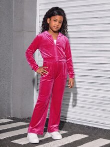 SHEIN Kids Tween Girl Sporty Casual Velvet Hooded Cardigan Set - Hot Pink - View 3
