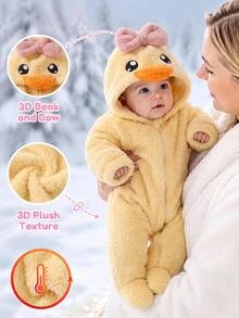 SHEIN Kids Kids Newborn Contrast Color Bow Hooded Embroidery Pattern Zipper Front Double-Sided Thick Fleece Fabric Autumn Jumpsuit Suitable For Winter - Yellow - View 9