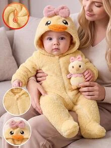 SHEIN Kids Kids Newborn Contrast Color Bow Hooded Embroidery Pattern Zipper Front Double-Sided Thick Fleece Fabric Autumn Jumpsuit Suitable For Winter - Yellow - View 1