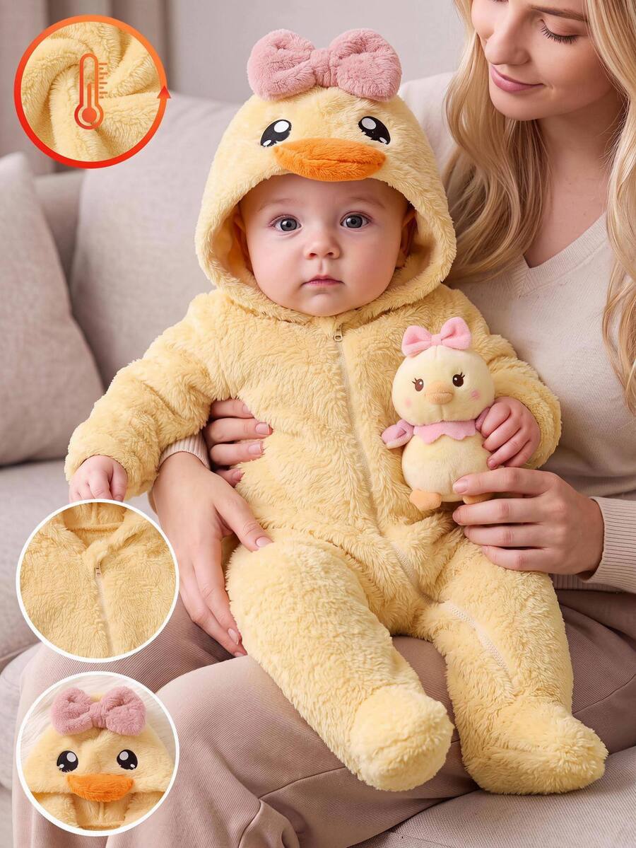 SHEIN Kids Kids Newborn Contrast Color Bow Hooded Embroidery Pattern Zipper Front Double-Sided Thick Fleece Fabric Autumn Jumpsuit Suitable For Winter - Yellow - View 1
