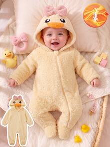 SHEIN Kids Kids Newborn Contrast Color Bow Hooded Embroidery Pattern Zipper Front Double-Sided Thick Fleece Fabric Autumn Jumpsuit Suitable For Winter - Yellow - View 6