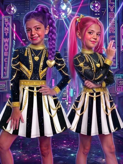SHEIN Gaun Anak Perempuan Korea K-Pop Leher Bulat Lengan Panjang untuk Pertunjukan Liburan, Karnaval, Halloween