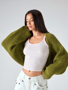 LYSMO 2025新款极简主义秋季女装简约休闲纯色罗纹针织短款开衫，春秋季绿色披肩开衫，适合外出、返校、毕业、街头风和斯德哥尔摩风格，圣诞毛衣 - 綠色 - 查看 5