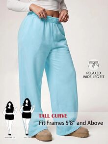 SHEIN Tall CURVE Plus Size Women Solid Color Drawstring Waist Casual Western Retro Soft Baggy Versatile Daily Wear Sweatpants Gym Formal Home Wear Sky Blue Winter - Baby Blue - View 3