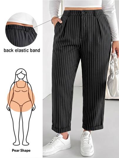SHEIN CURVE+ Pantalones de mujer talla grande primavera/verano moda casual holgados cómodos versátiles para uso diario con efecto adelgazante a rayas negras cónicos, pantalones de oficina, estilo minimalista, pantalones de mujer, pantalones de trabajo, atuendo para salir