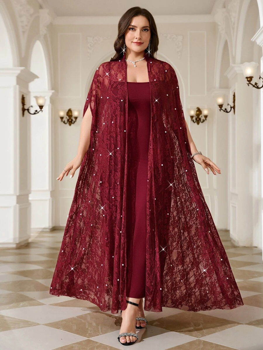 Reflora Plus Size Beaded Decor Sheer Lace Long Robe Dress 2 Pieces Set Wedding Formal Dinner Burgundy Summer Elegant Formal Christmas