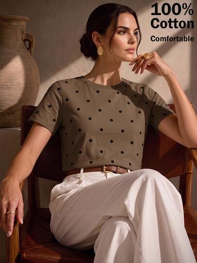 Anewsta Spring Summer New Women's Simple Polka Dot All-Match Versatile Short Sleeve T-Shirt